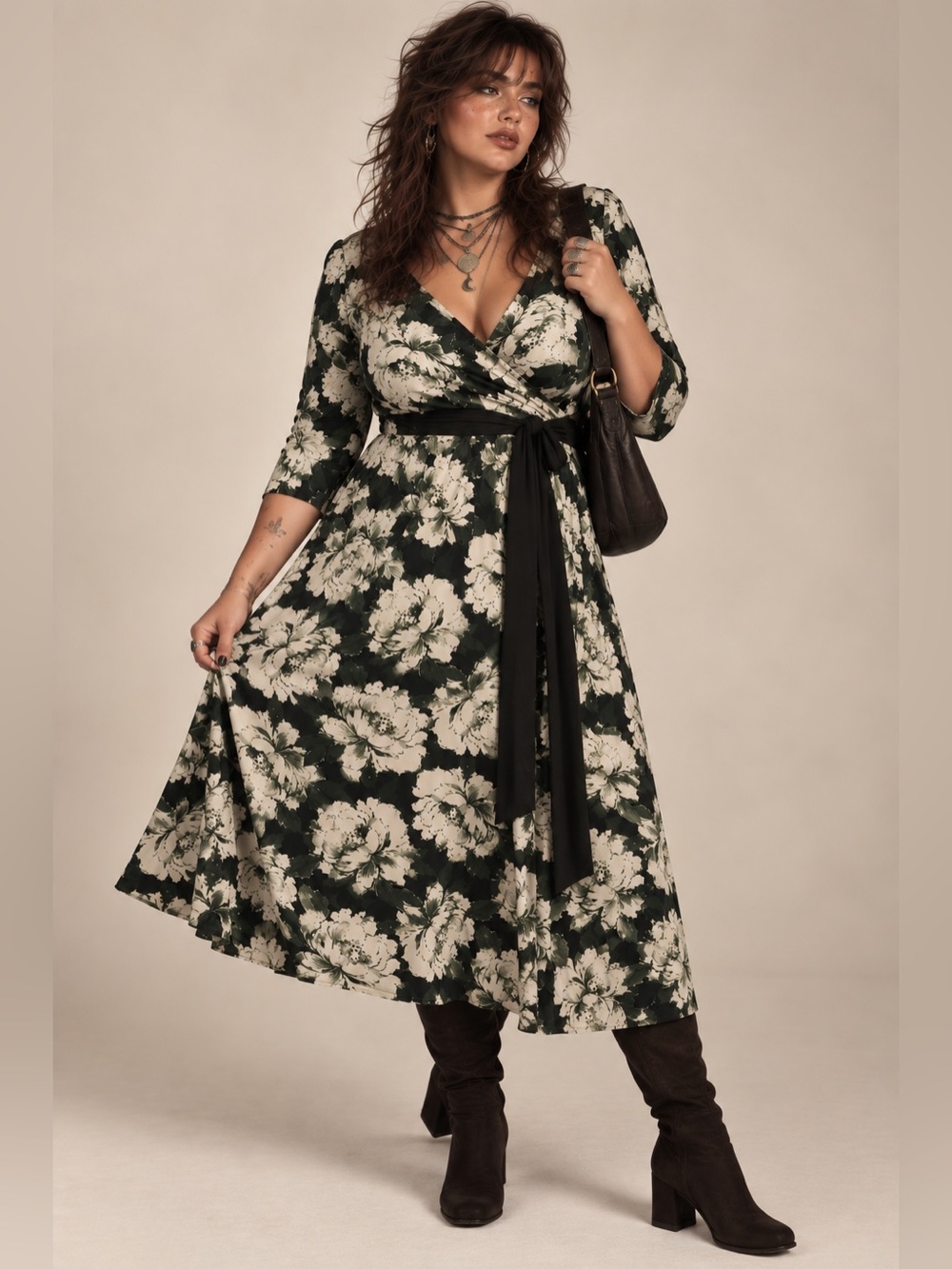 Kiyonna 2X Green Ivory Floral Faux Wrap Midi Dress Plus Size Romantic Autumn